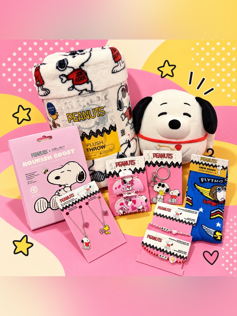 Peanuts Plush Snoopy Throw & Pink Snoopy Accessories Set